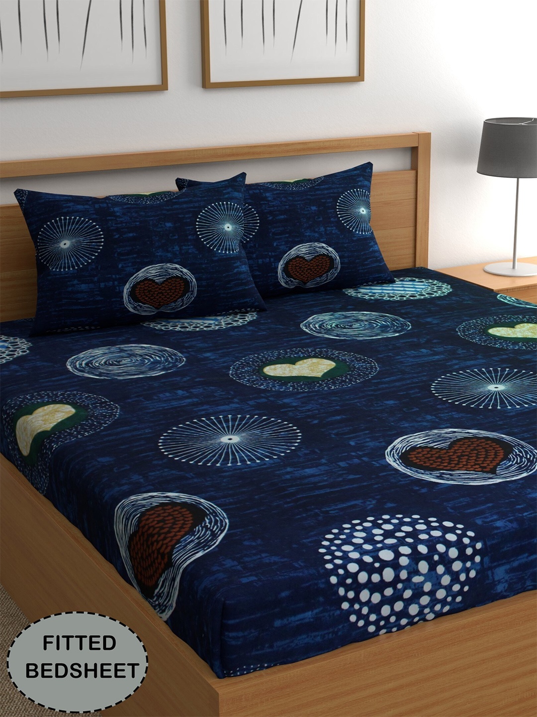 

CG HOMES Blue & Brown Fitted 210 TC Queen Bedsheet With 2 Pillow Covers
