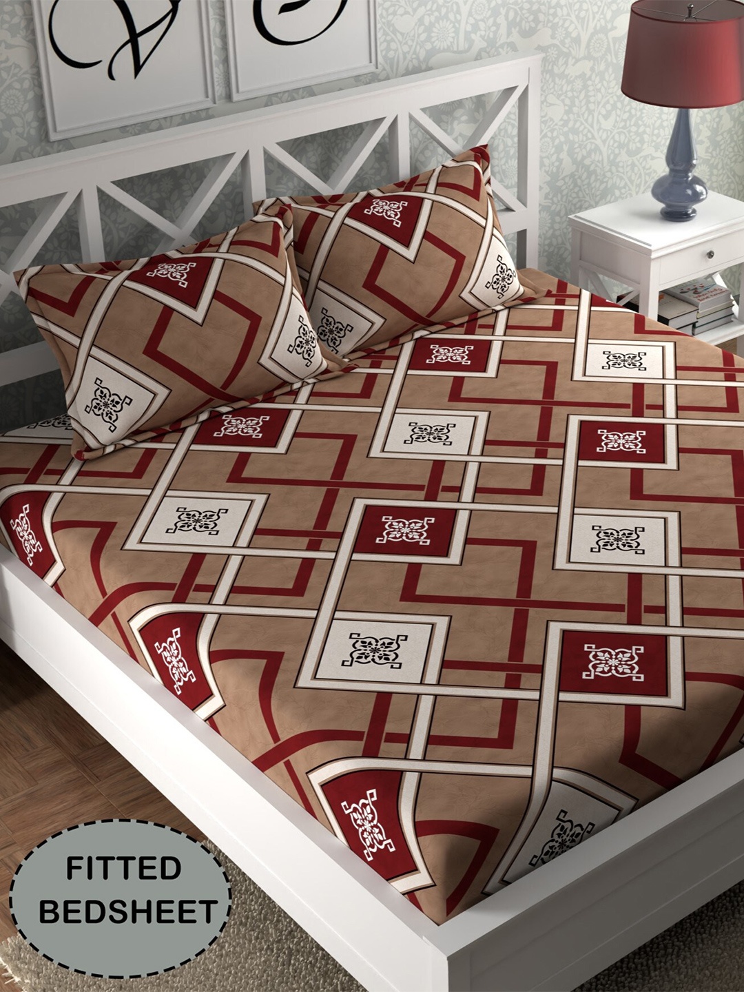 

CG HOMES Brown & White Geometric Printed 210 TC Fitted Queen Bedsheet & 2 Pillow Covers