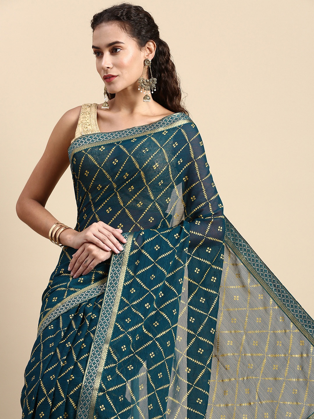 

Indian Women Floral Zari Silk Blend Saree, Teal