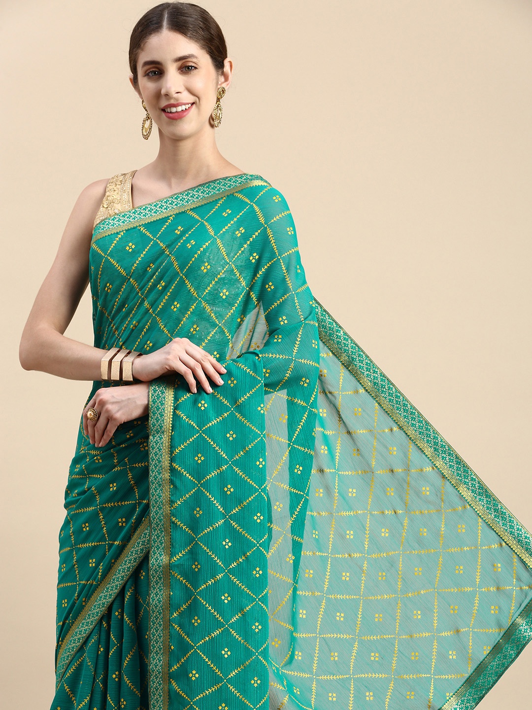 

Indian Women Floral Zari Silk Blend Saree, Green