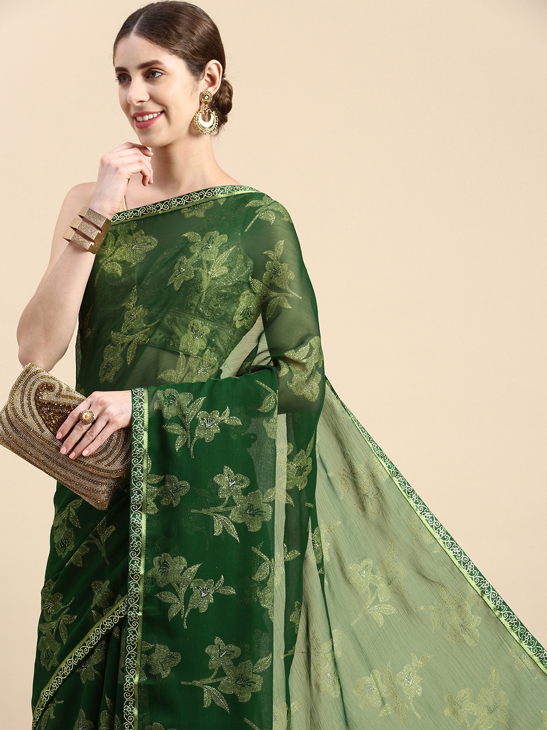 

Indian Women Floral Zari Silk Blend Saree, Green