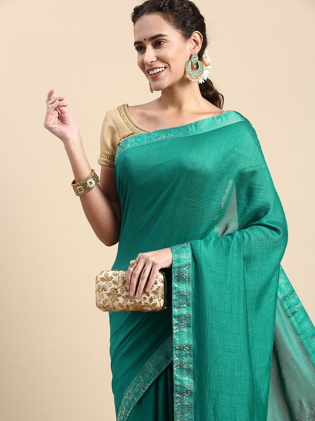 

Indian Women Ethnic Motifs Beads & Stones Saree, Turquoise blue