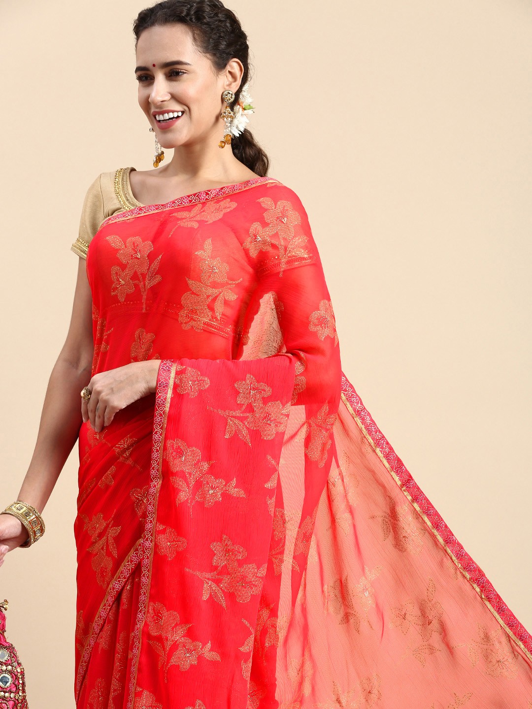 

Indian Women Floral Zari Saree, Pink