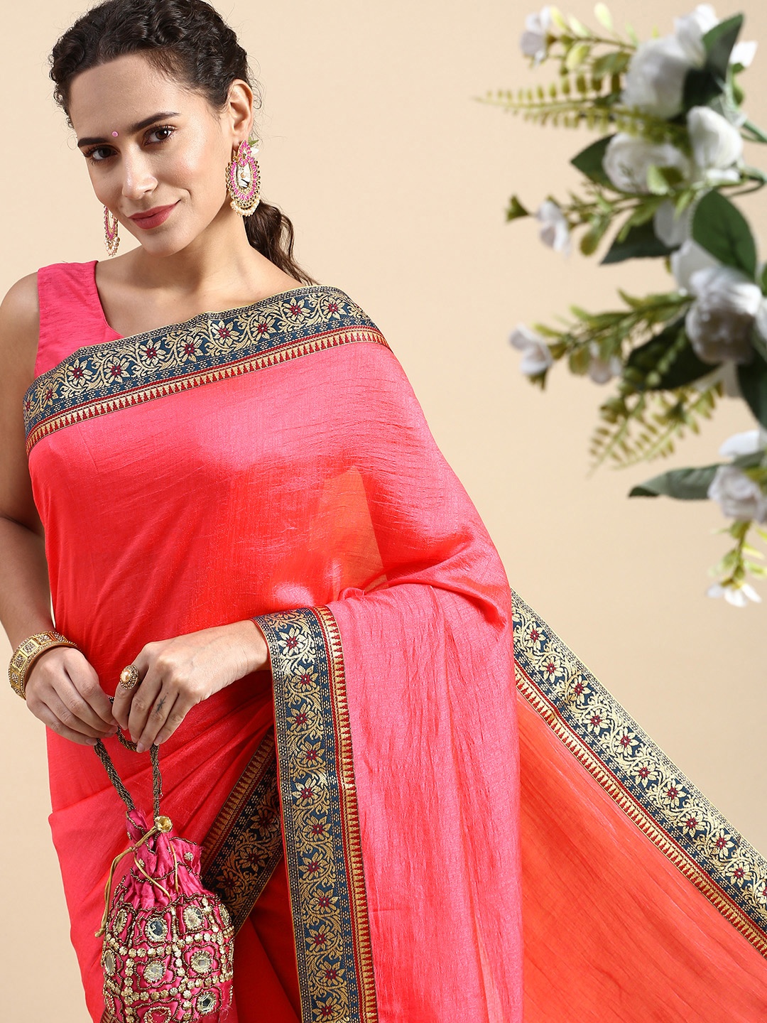 

Indian Women Embellished Zari Saree, Pink