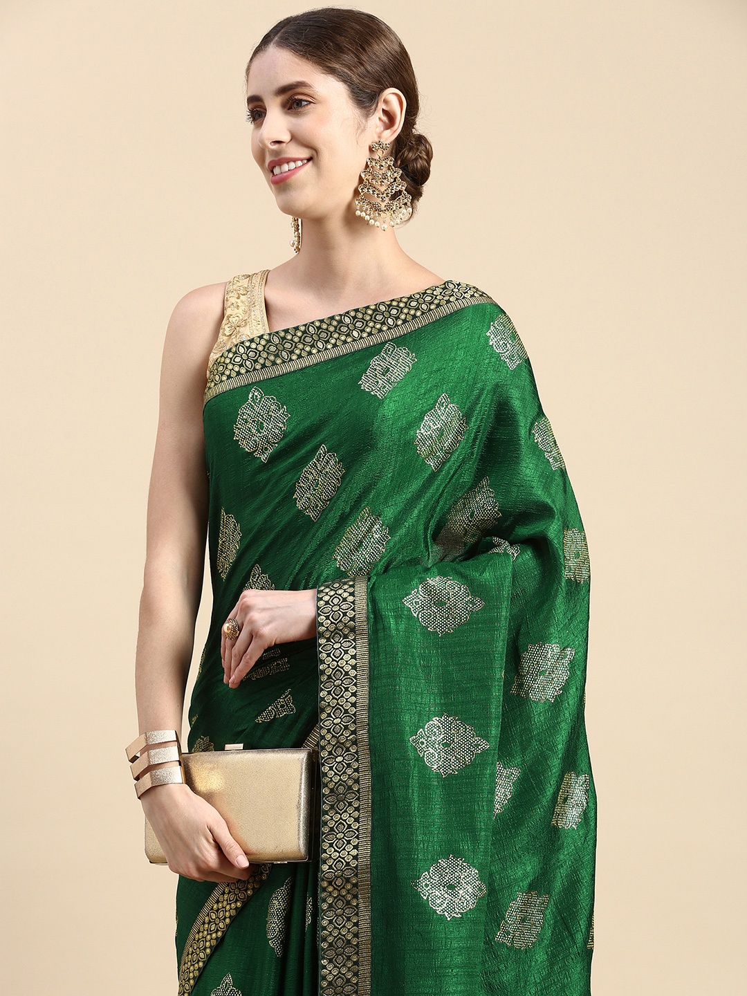 

Indian Women Ethnic Motifs Zari Silk Blend Saree, Green