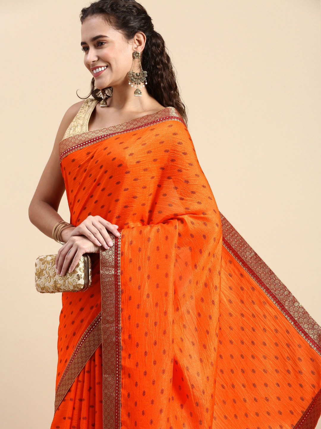 

Indian Women Ethnic Motifs Zari Silk Blend Fusion Saree, Orange