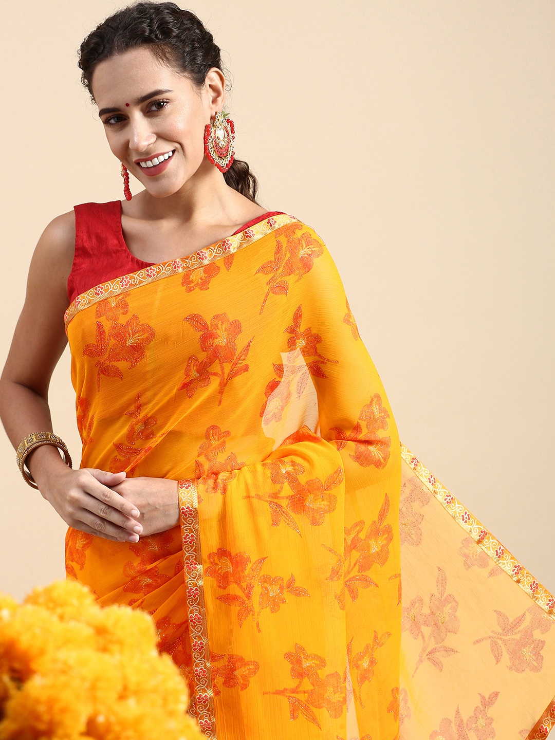 

Indian Women Floral Zari Saree, Orange