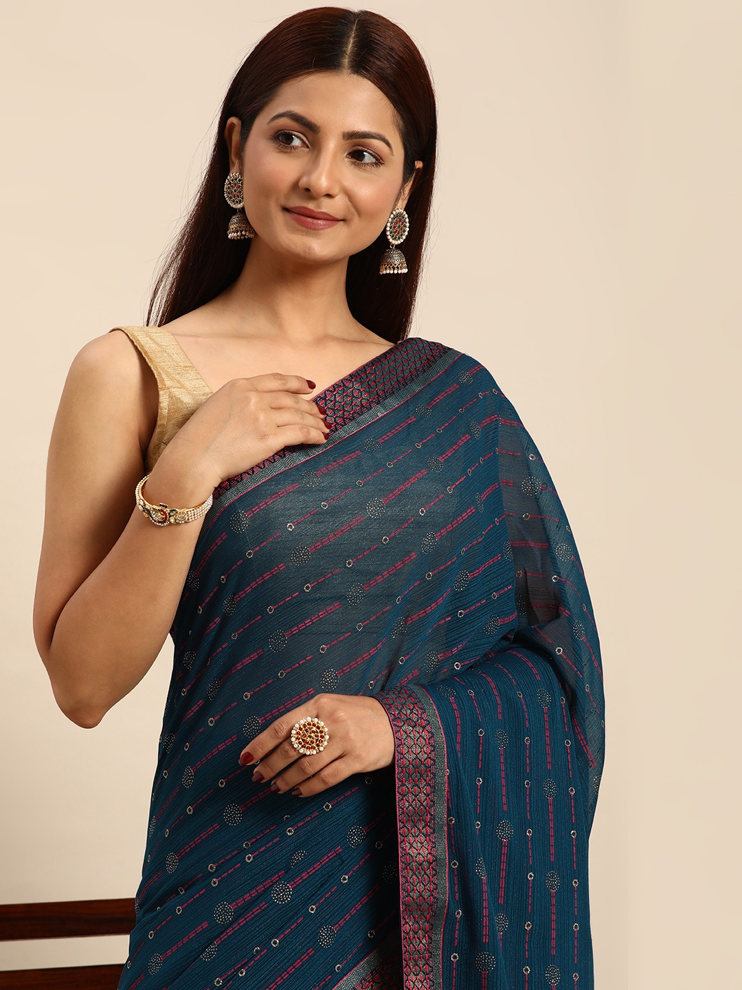 

Indian Women Green & Red Striped Silk Blend Fusion Saree