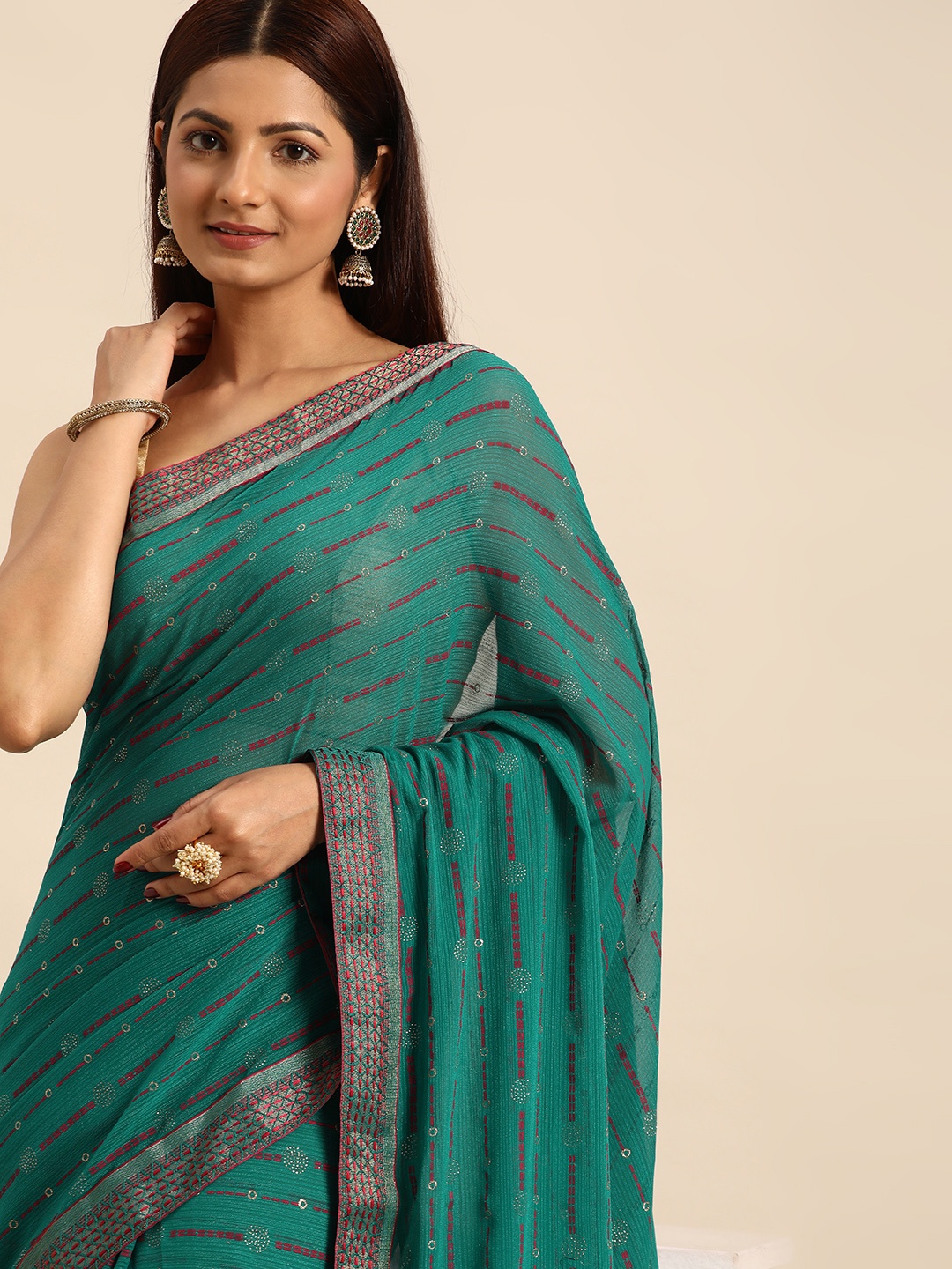 

Indian Women Turquoise Blue Striped Silk Blend Fusion Saree