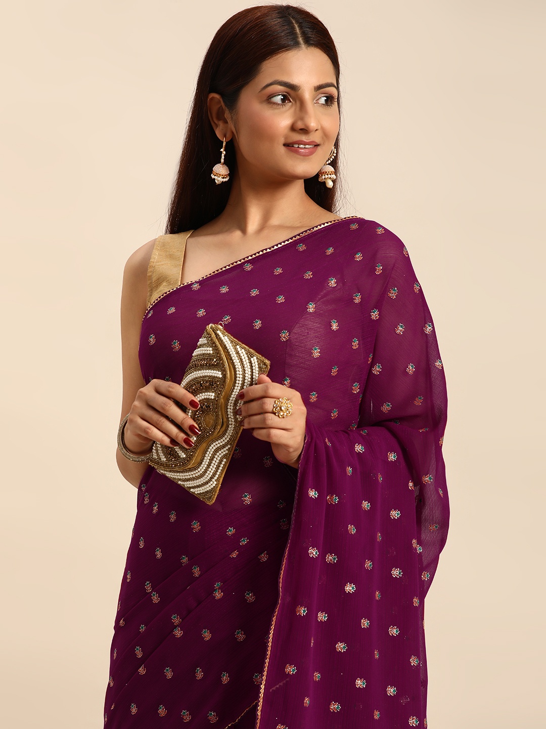 

Indian Women Purple Striped Silk Blend Fusion Saree