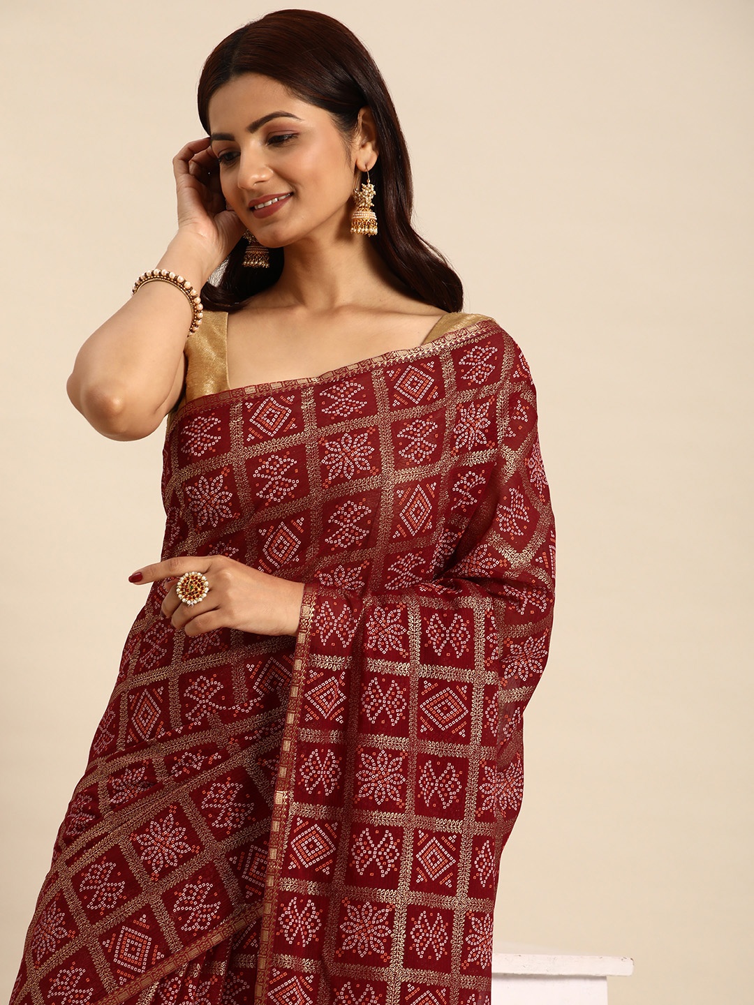 

Indian Women Maroon Striped Silk Blend Fusion Saree