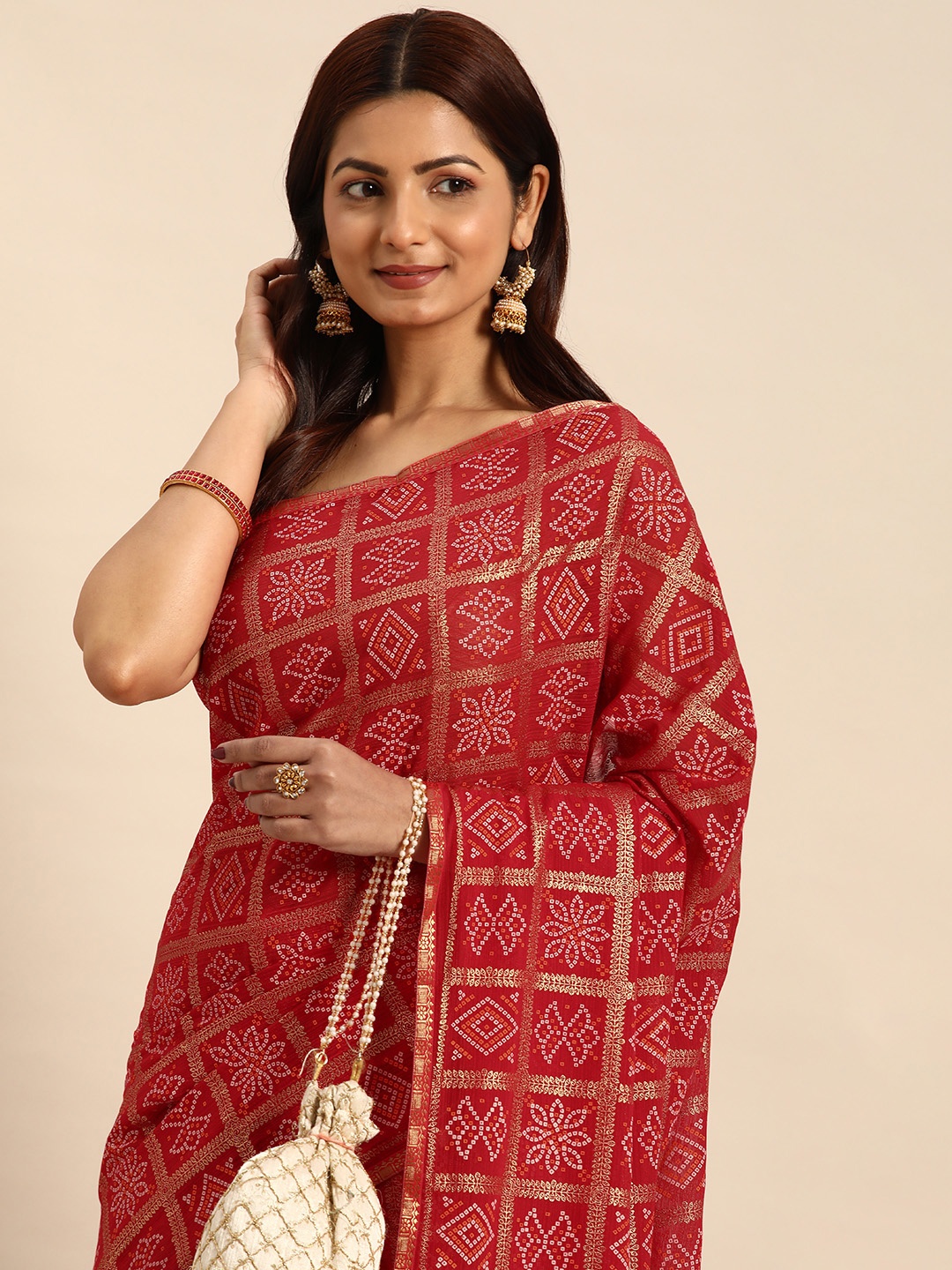 

Indian Women Red Striped Silk Blend Fusion Saree