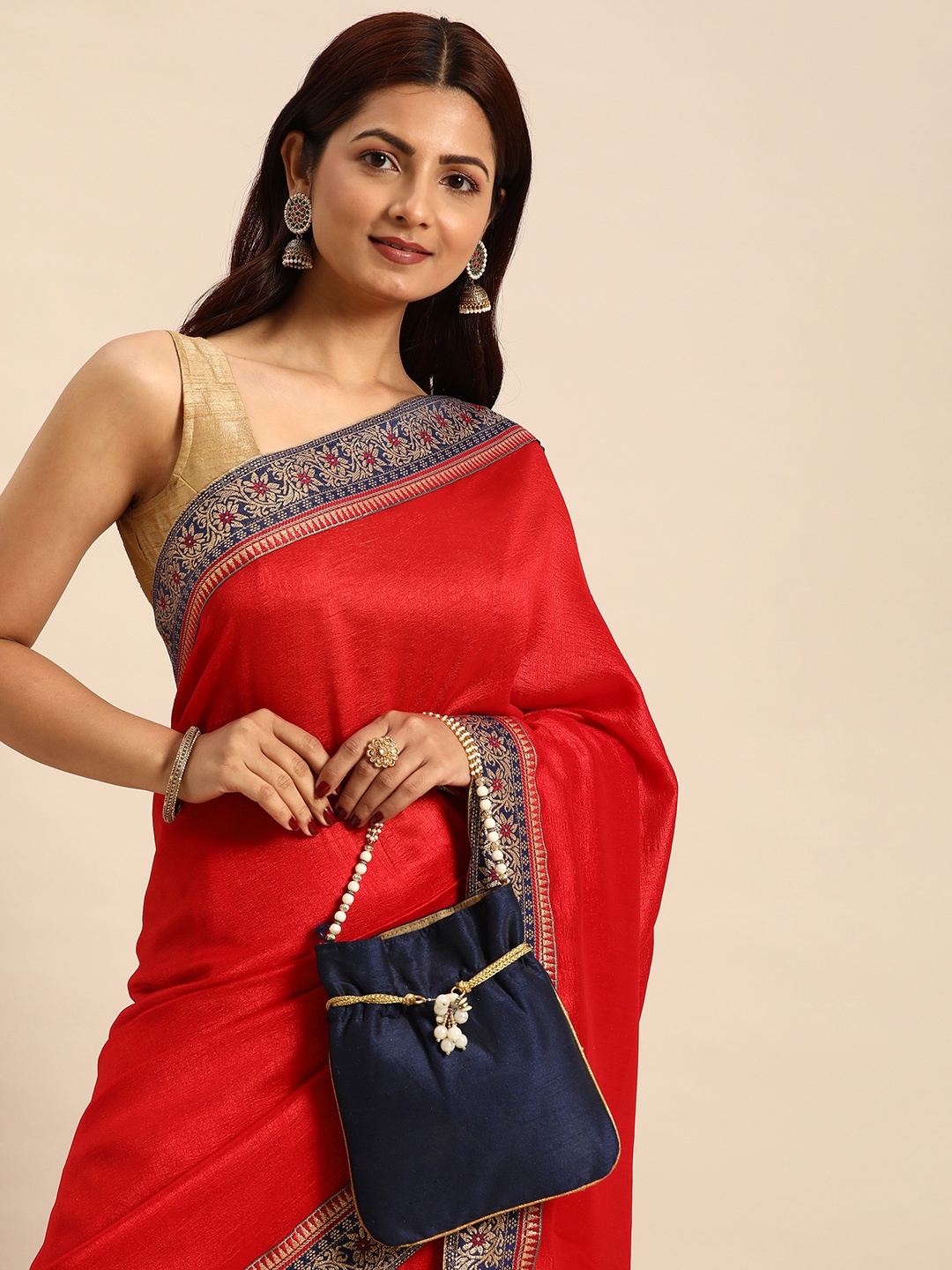 

Indian Women Red Embellished Silk Blend Fusion Saree