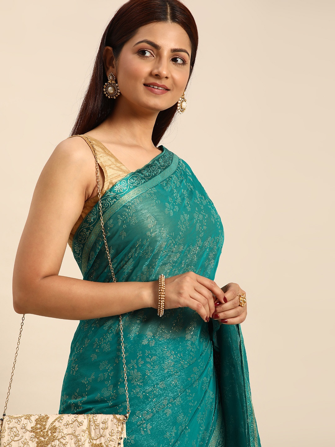 

Indian Women Floral Zari Poly Chiffon Saree, Sea green