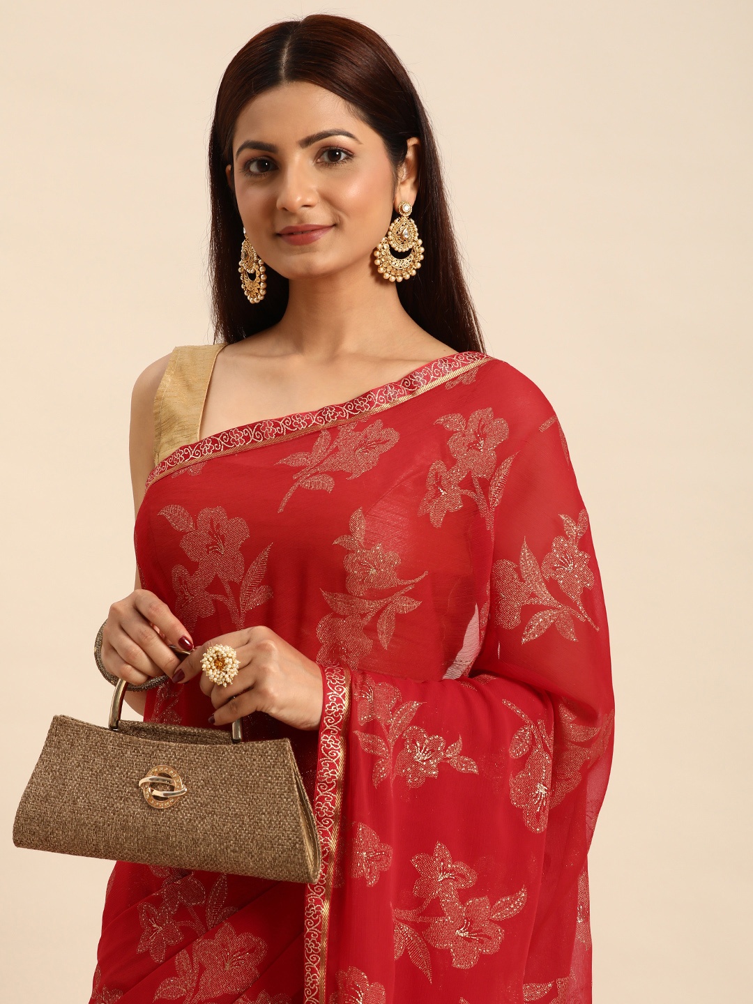 

Indian Women Floral Zari Silk Blend Saree, Red