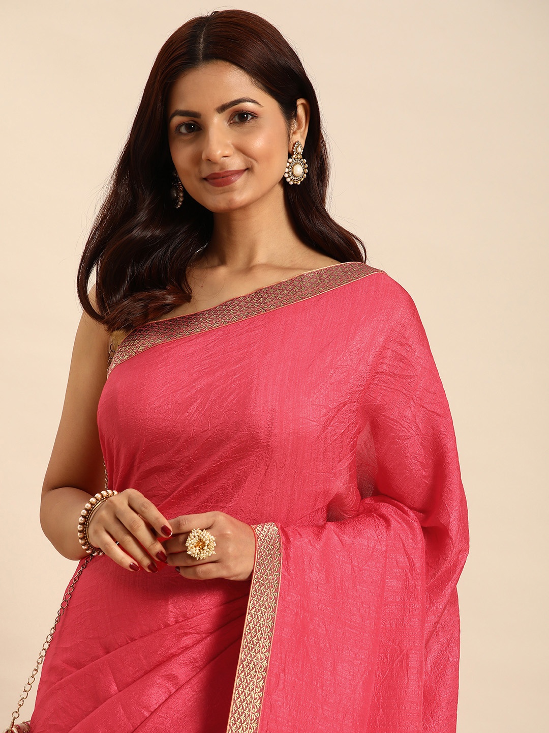 

Indian Women Pink Embellished Silk Blend Fusion Saree