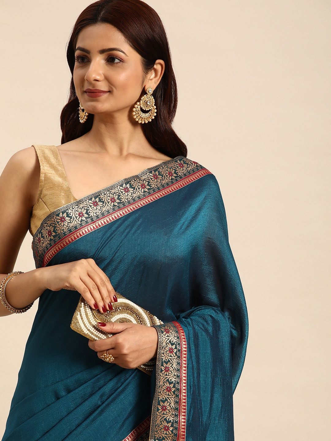 

Indian Women Blue Embellished Silk Blend Fusion Saree