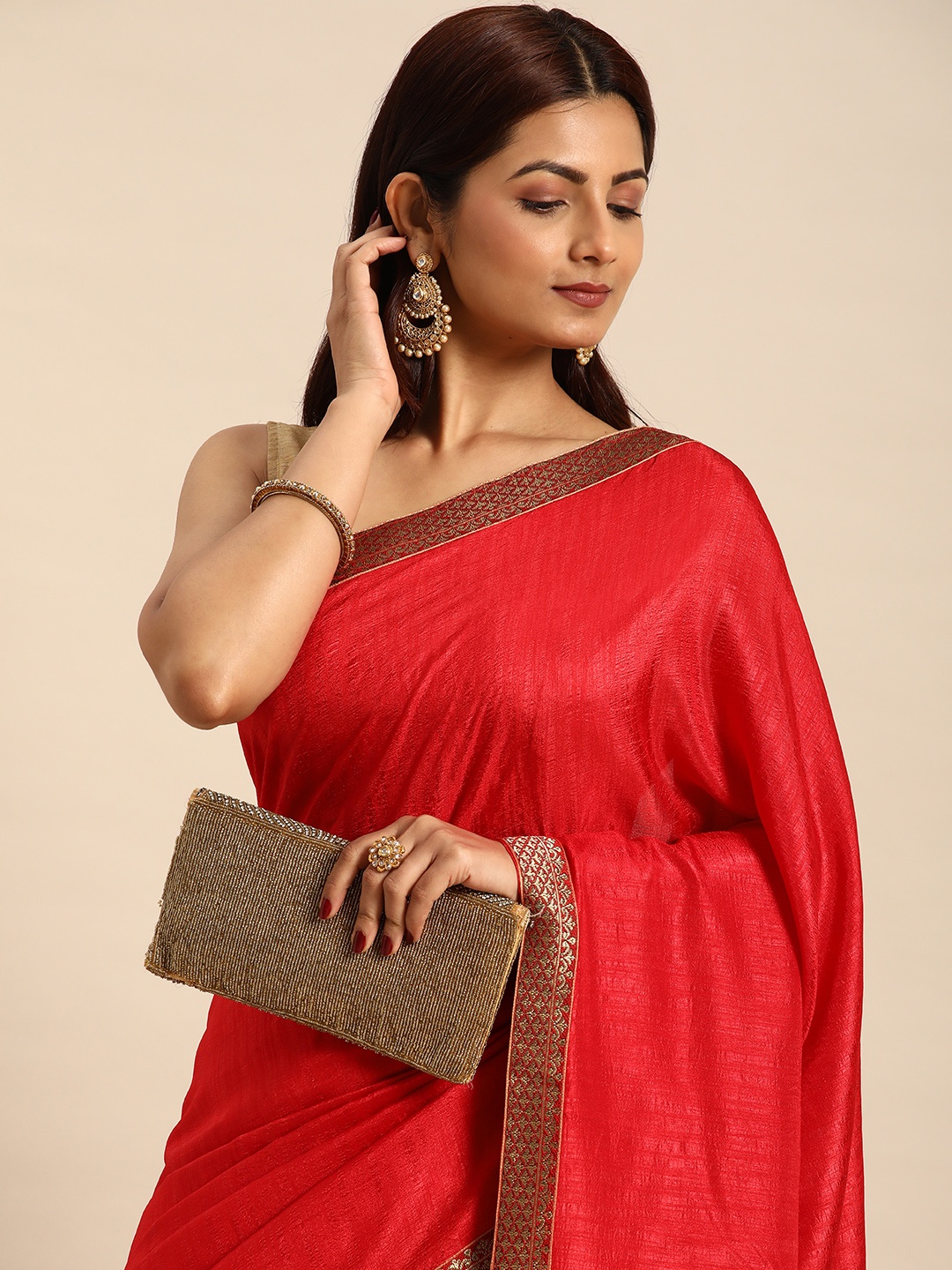 

Indian Women Red Embellished Silk Blend Fusion Saree