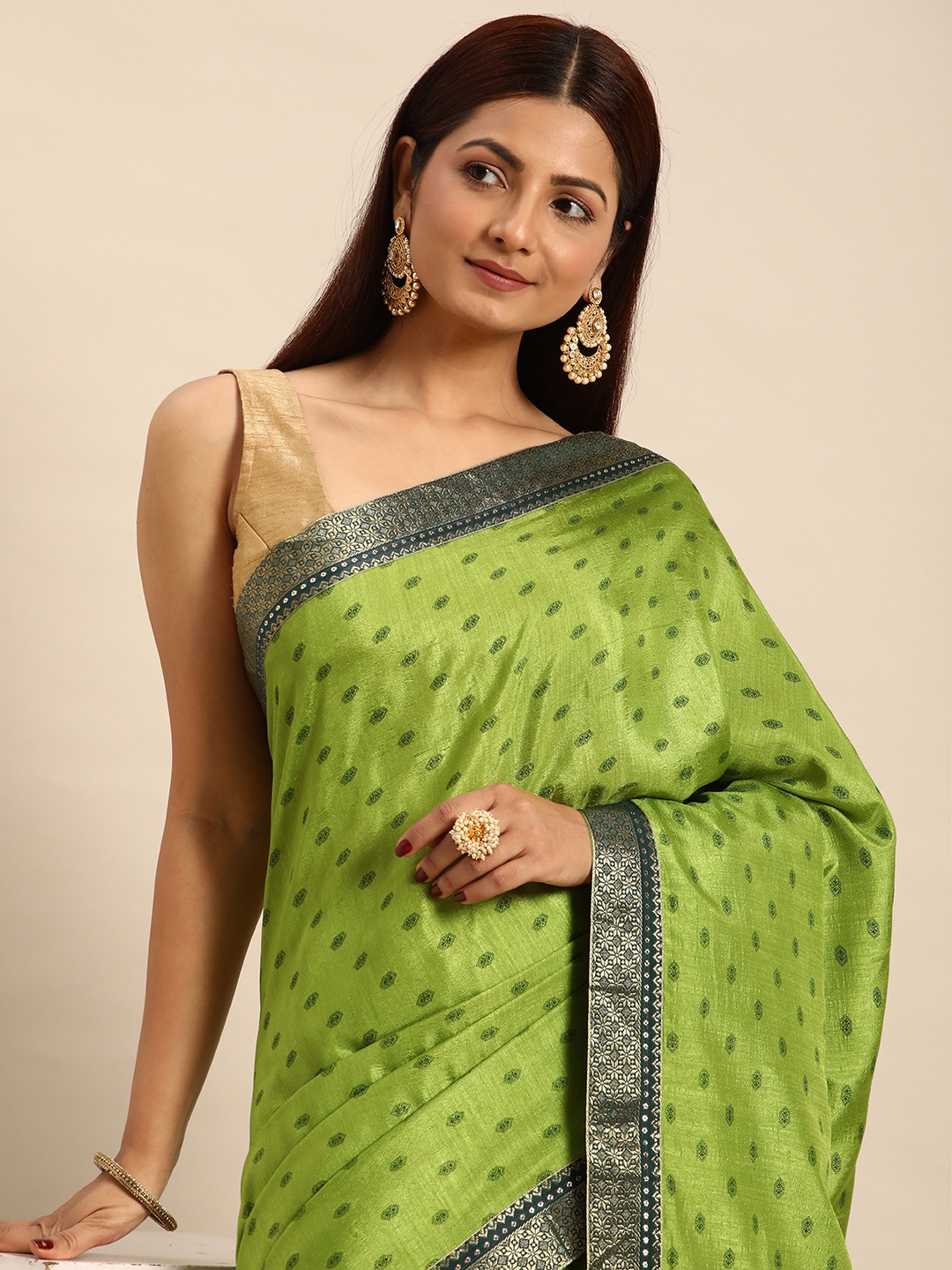 

Indian Women Zari Silk Blend Saree, Green