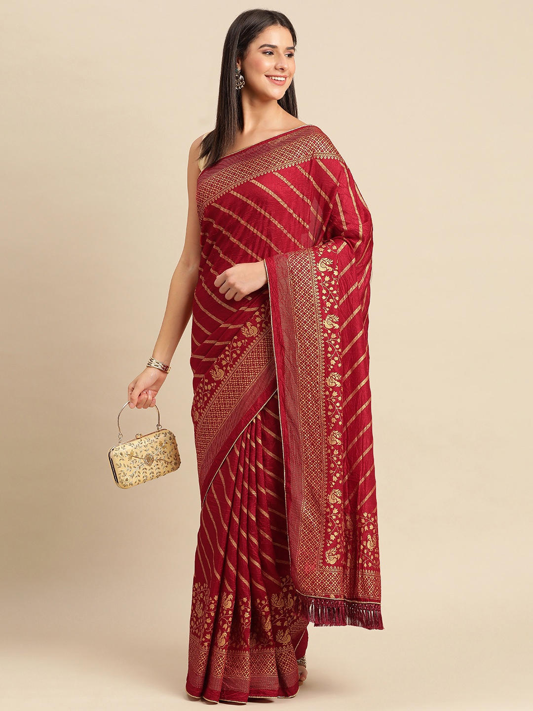 

Indian Women Striped Zari Silk Blend Saree, Red