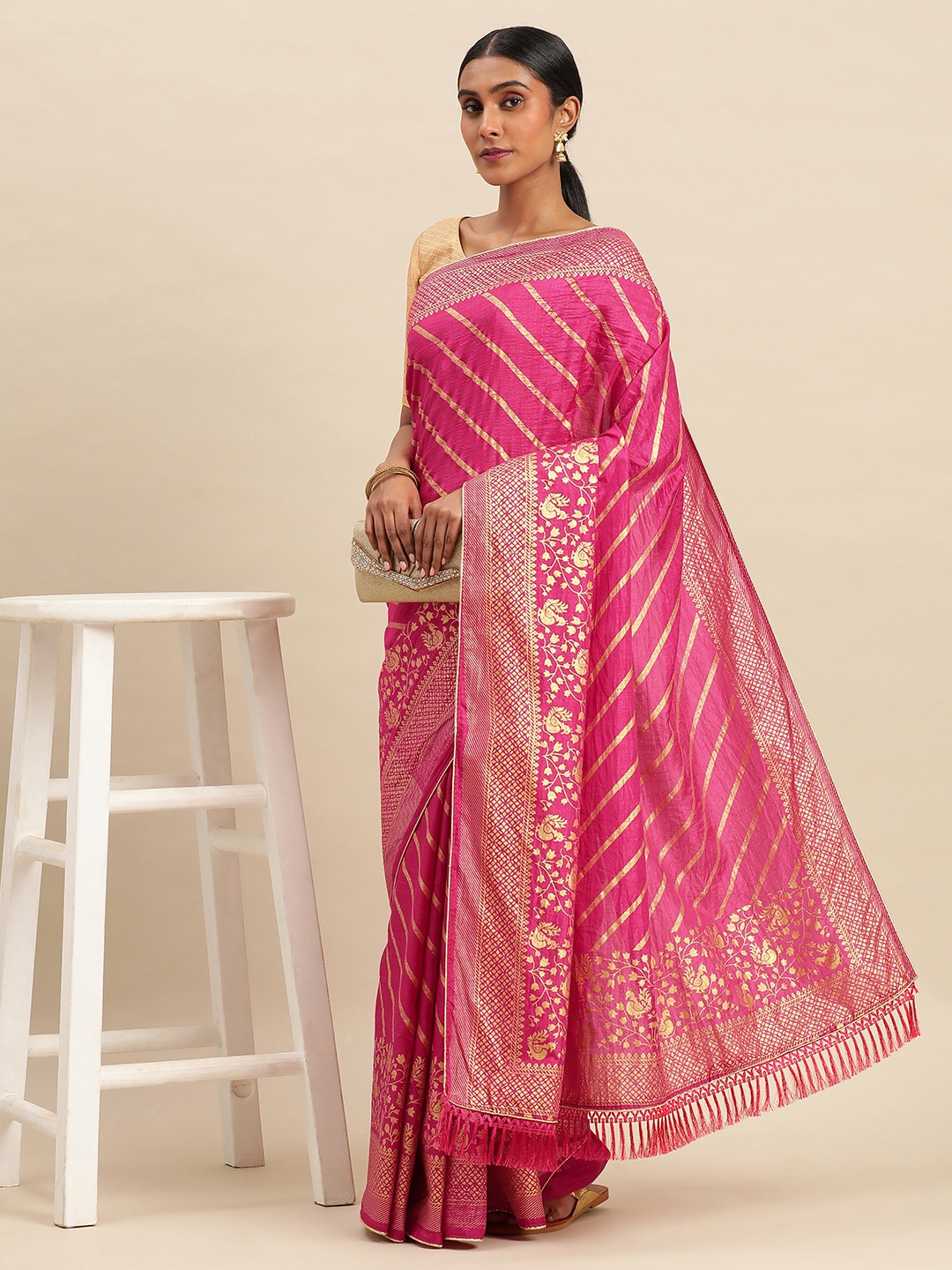 

Indian Women Striped Zari Saree, Pink