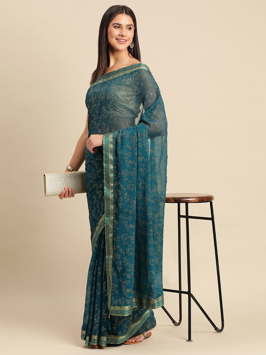 

Indian Women Floral Zari Poly Chiffon Saree, Teal