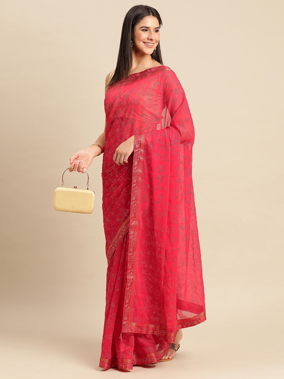 

Indian Women Floral Zari Poly Chiffon Saree, Pink