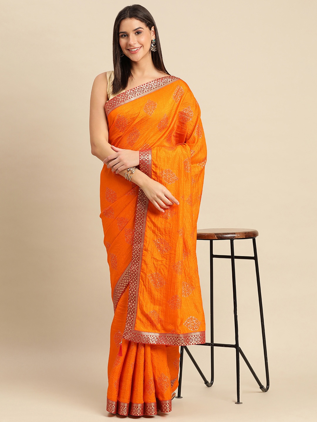 

Indian Women Ethnic Motifs Zari Silk Blend Saree, Orange