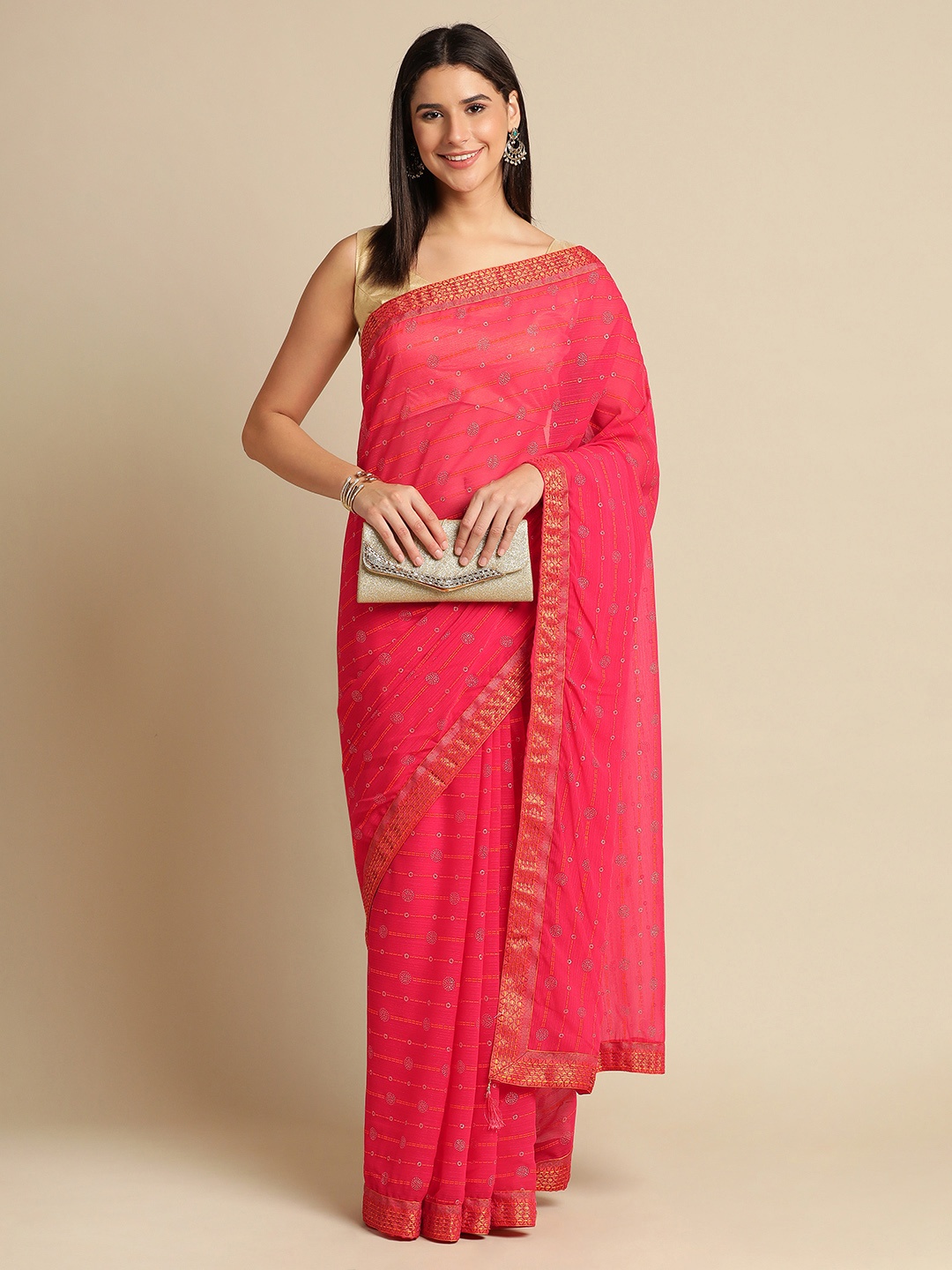 

Indian Women Striped Zari Silk Blend Saree, Pink