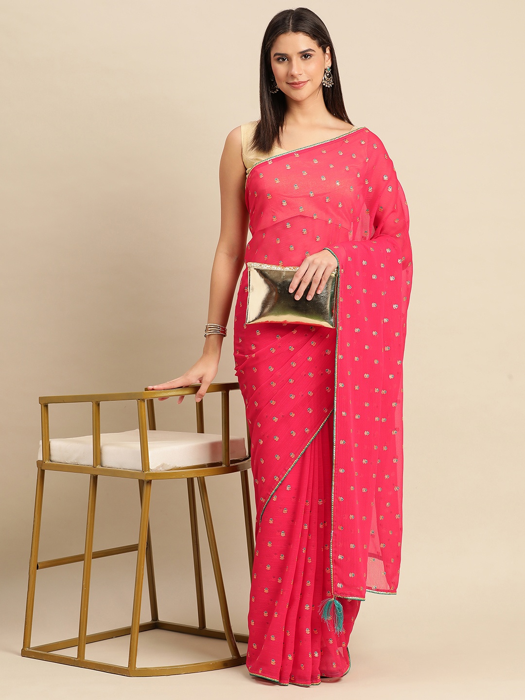 

Indian Women Ethnic Motifs Gotta Patti Silk Blend Saree, Pink