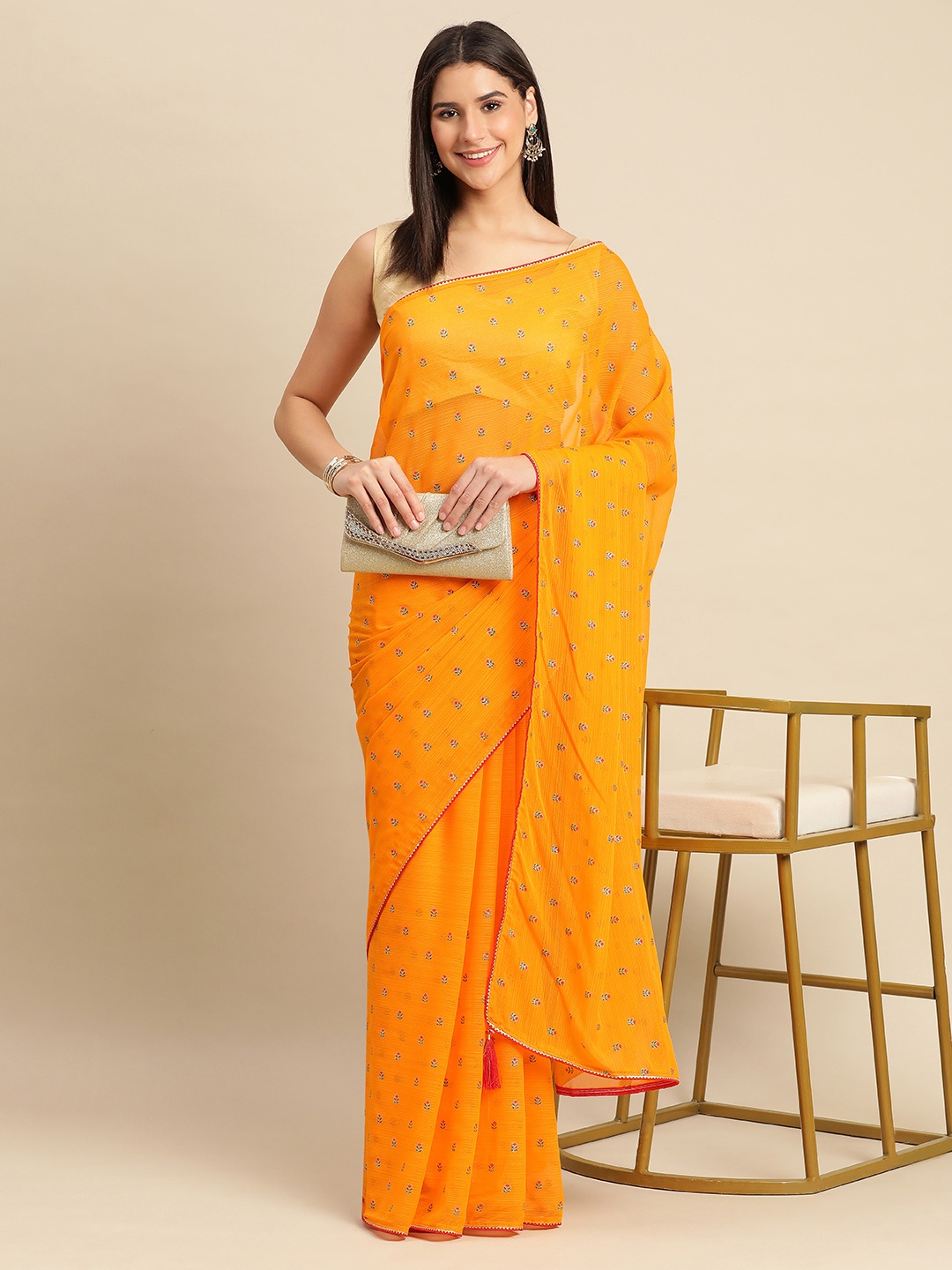 

Indian Women Floral Gotta Patti Silk Blend Saree, Orange
