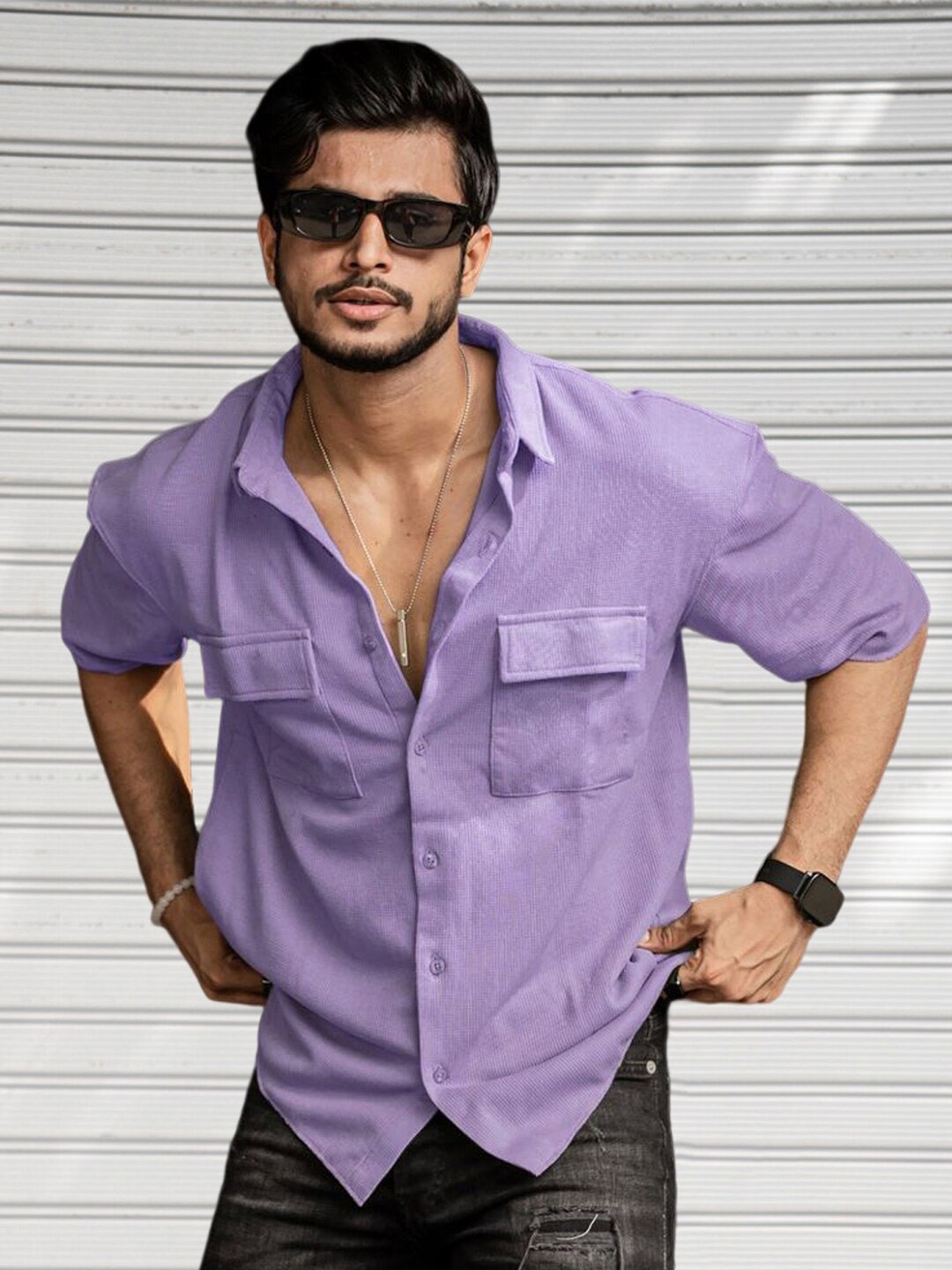 

Powerlook Purple Boxy Drop Shoulder Sleeves Opaque Shirt