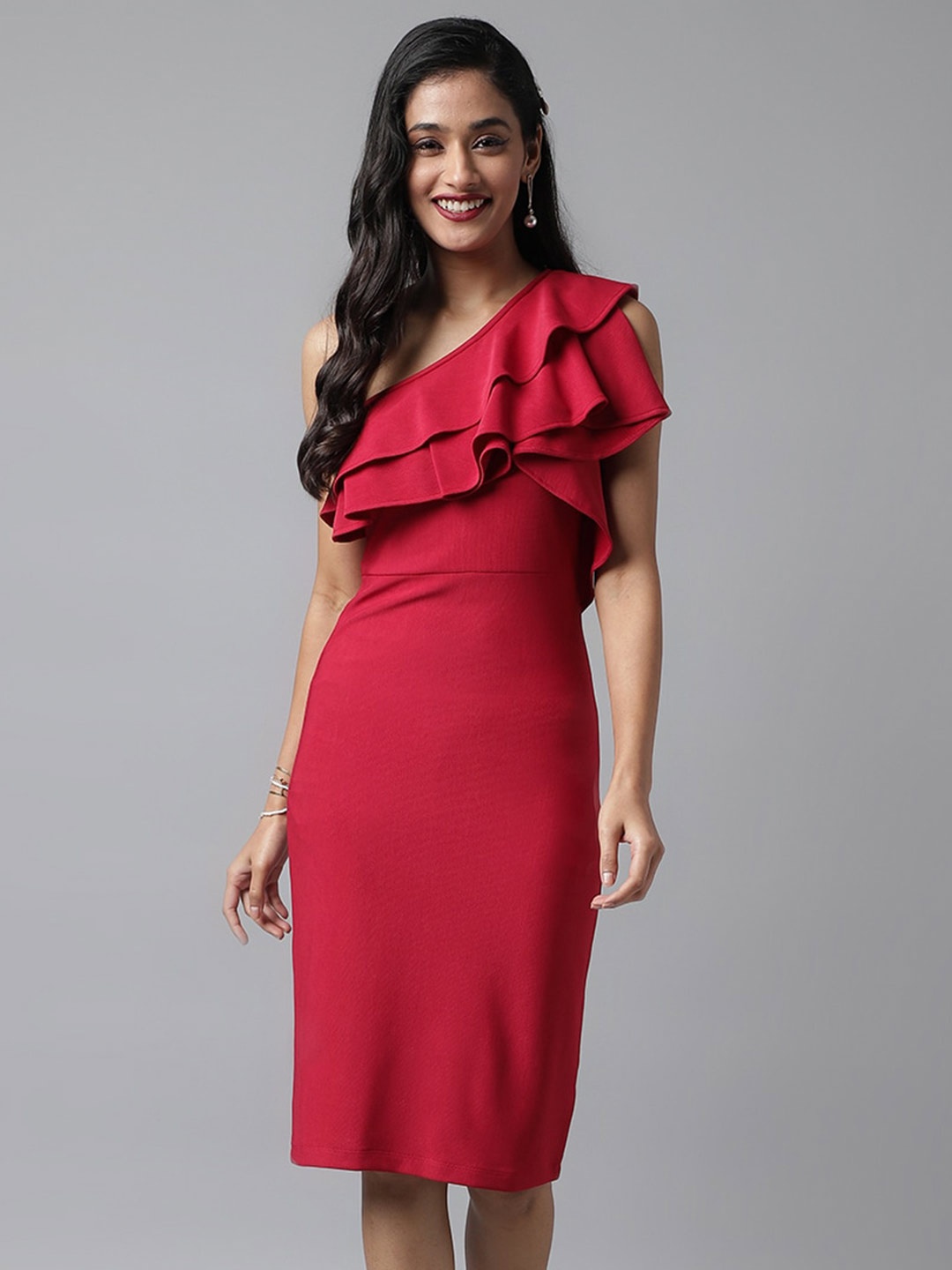 

pinwheel One Shoulder Ruffled Sheath Dress, Pink