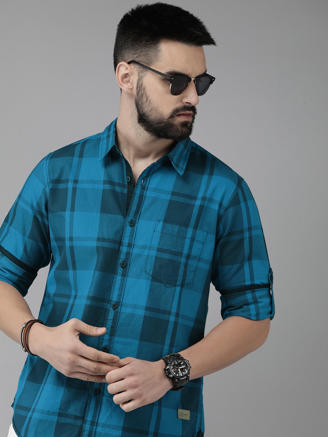 

The Roadster Life Co. Tartan Checked Pure Cotton Casual Shirt, Blue