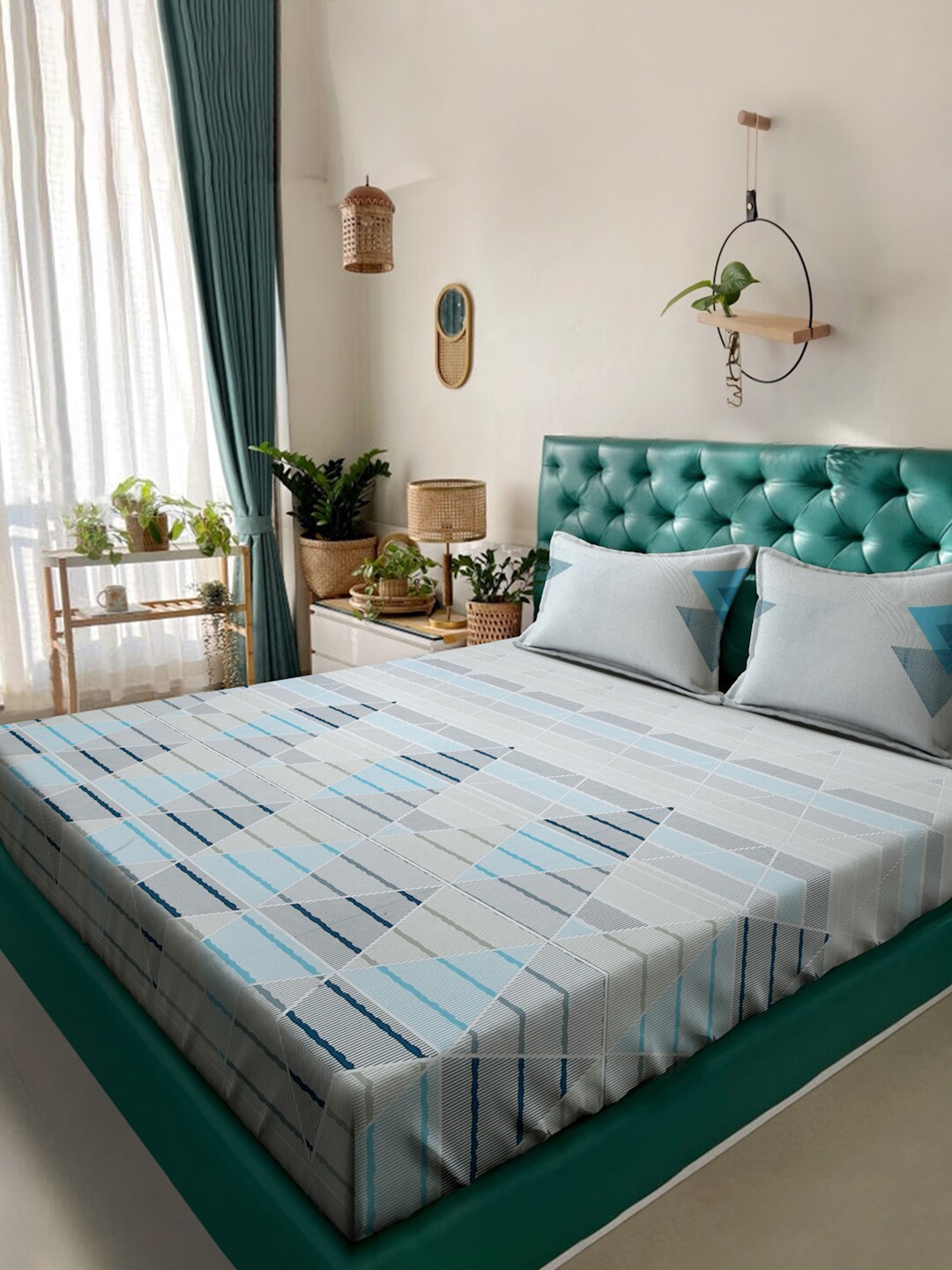 

KLOTTHE Grey & Blue 400 TC Pure Cotton Super King Double Bedsheet & 2 Pillow Covers, Green