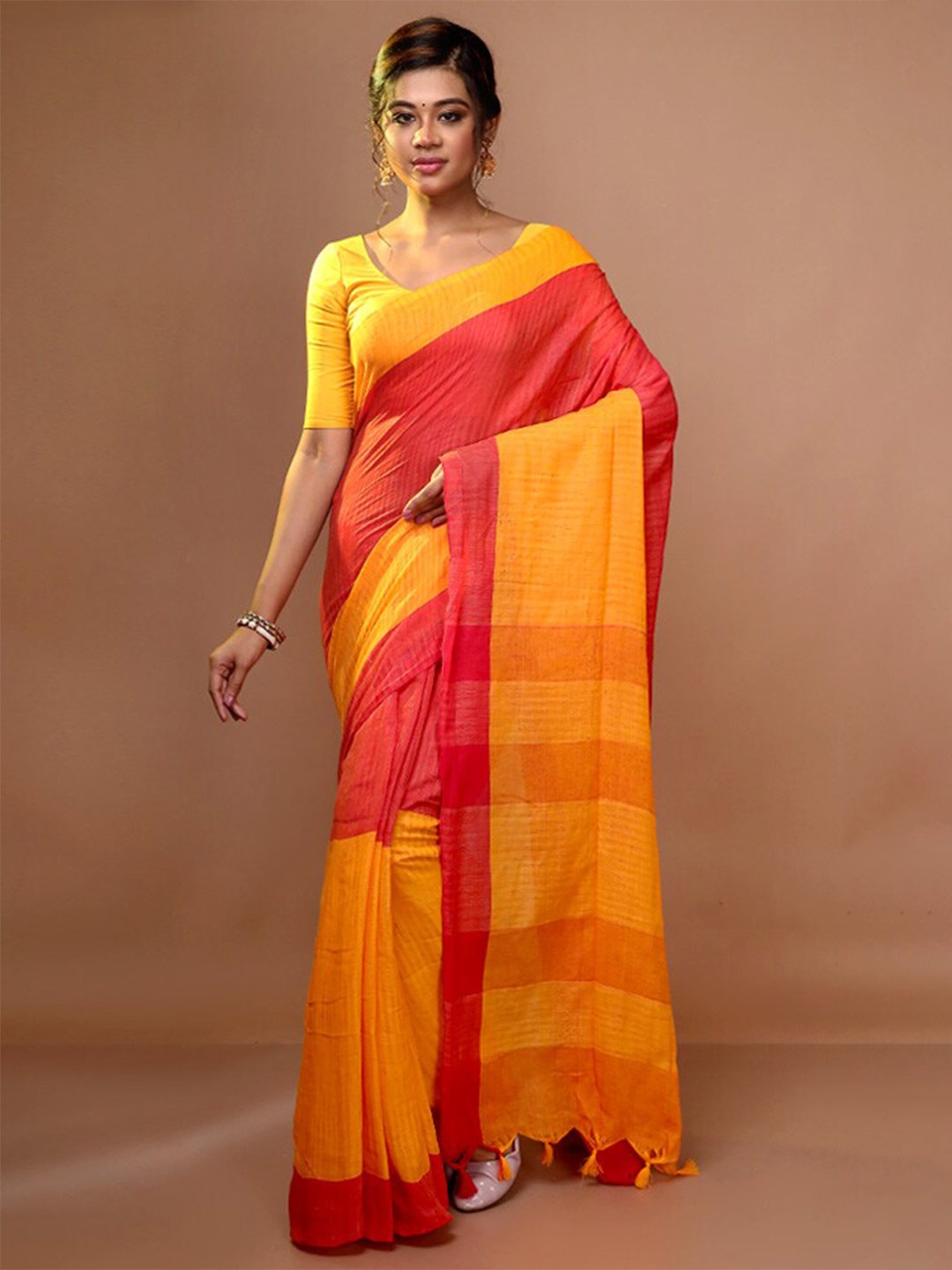 

AllSilks Striped Cotton Blend Saree, Yellow