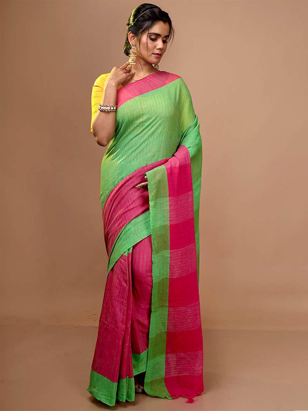 

AllSilks Green & Red Striped Cotton Blend Saree