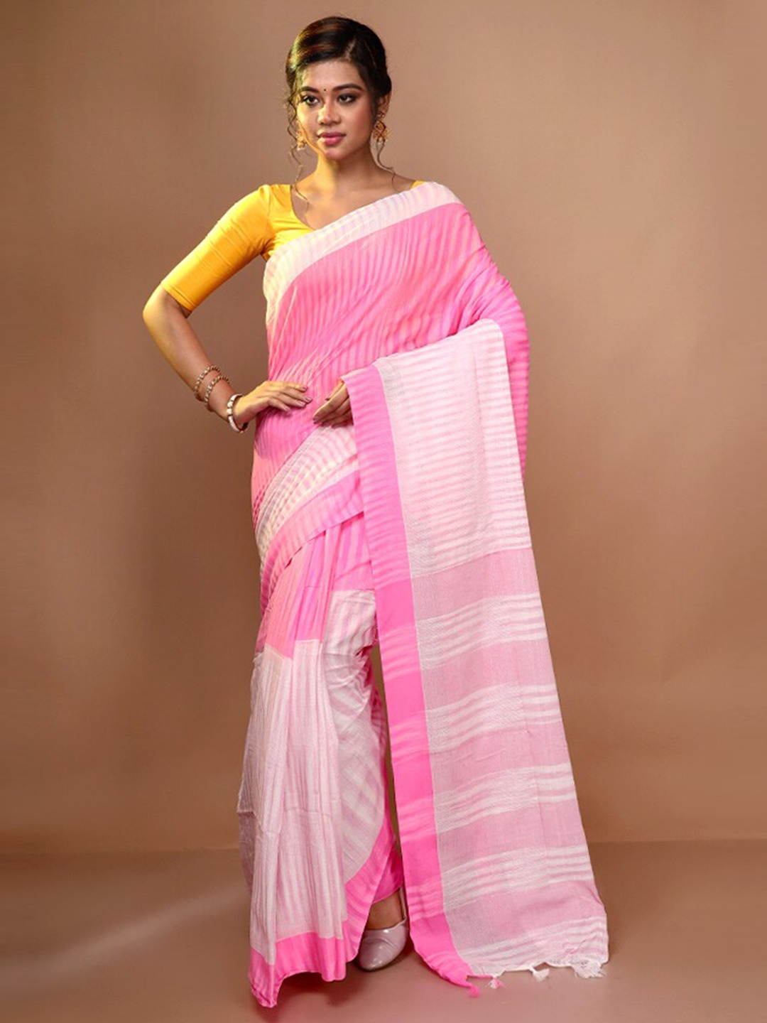 

AllSilks Striped Cotton Blend Saree With Tassle, Pink