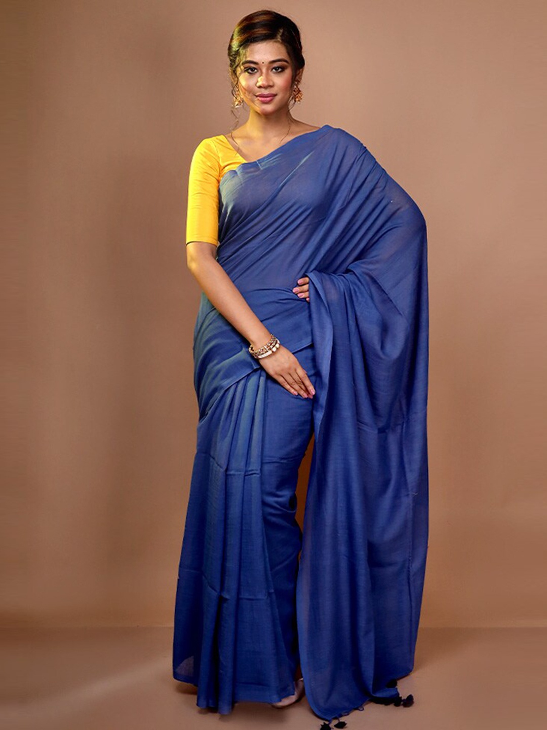 

AllSilks Blue Tasseled Cotton Blend Saree