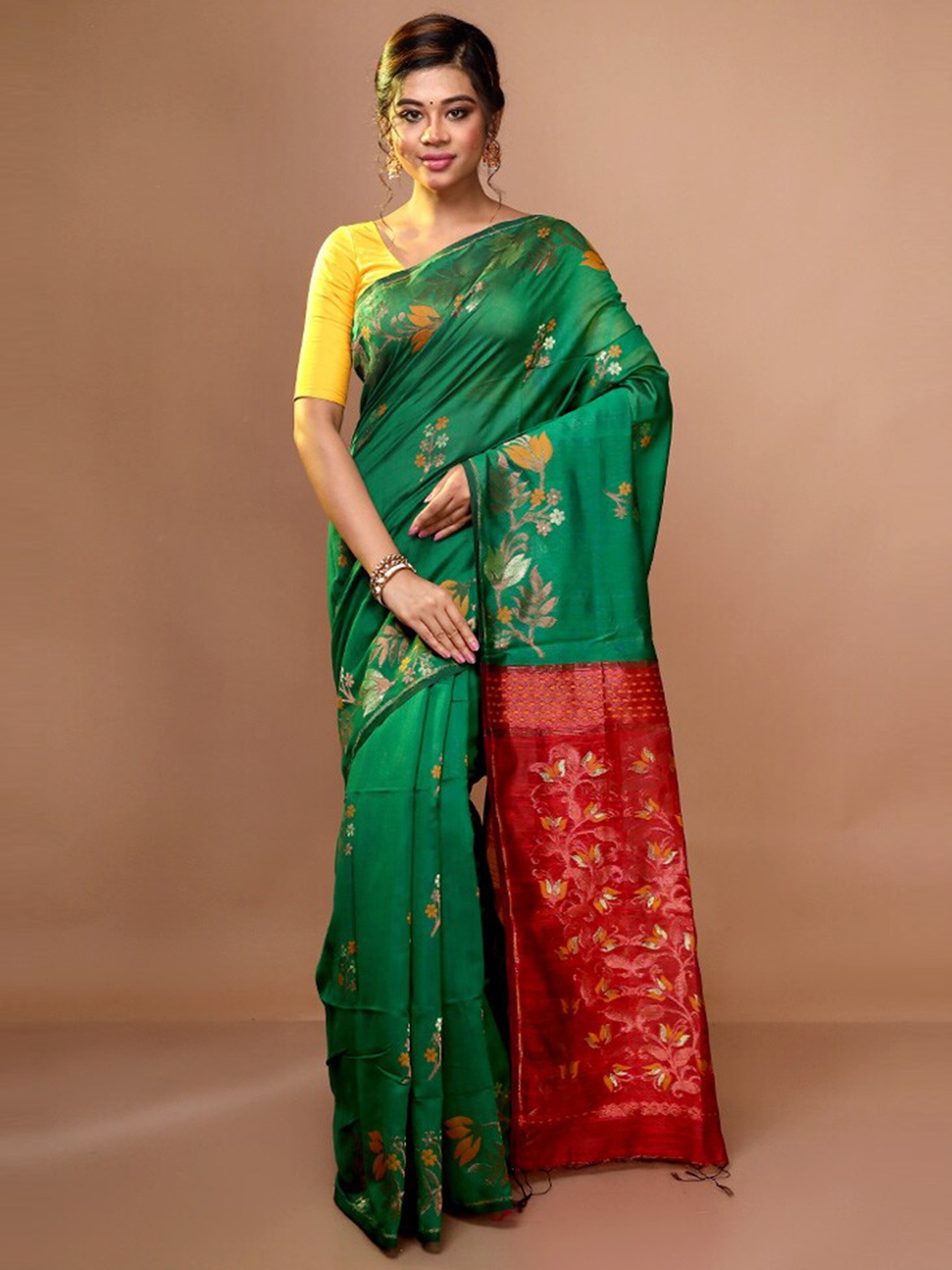 

AllSilks Floral Woven Design Zari Saree, Green