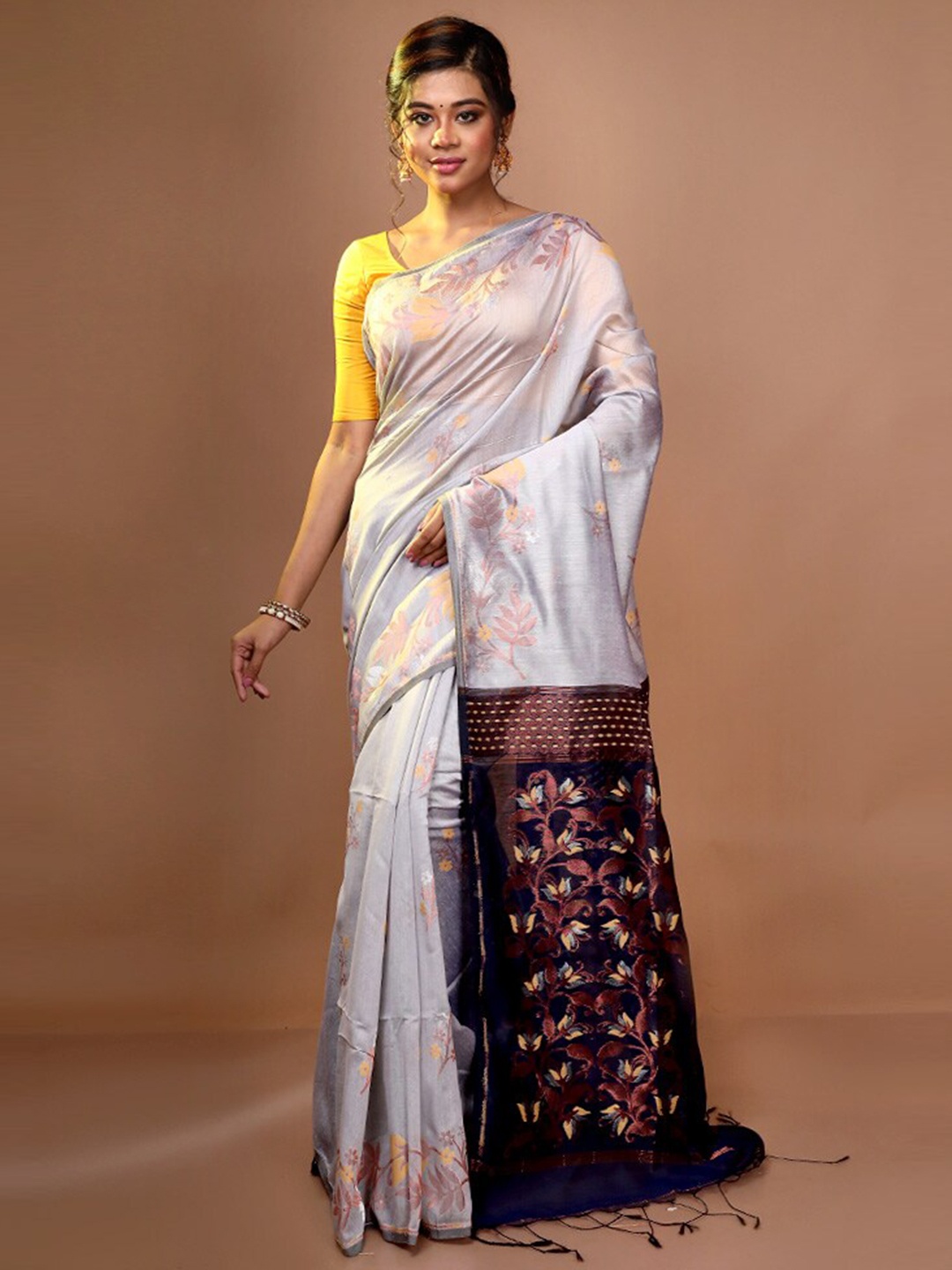 

AllSilks Floral Art Silk Zari Saree With Blouse Piece, Grey