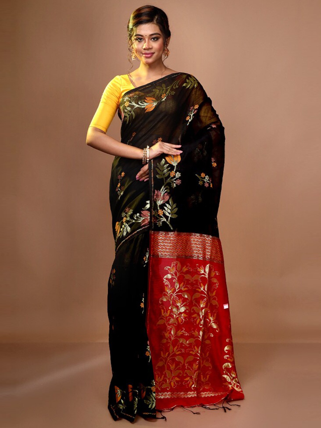 

AllSilks Floral Woven Design Zari Saree, Black