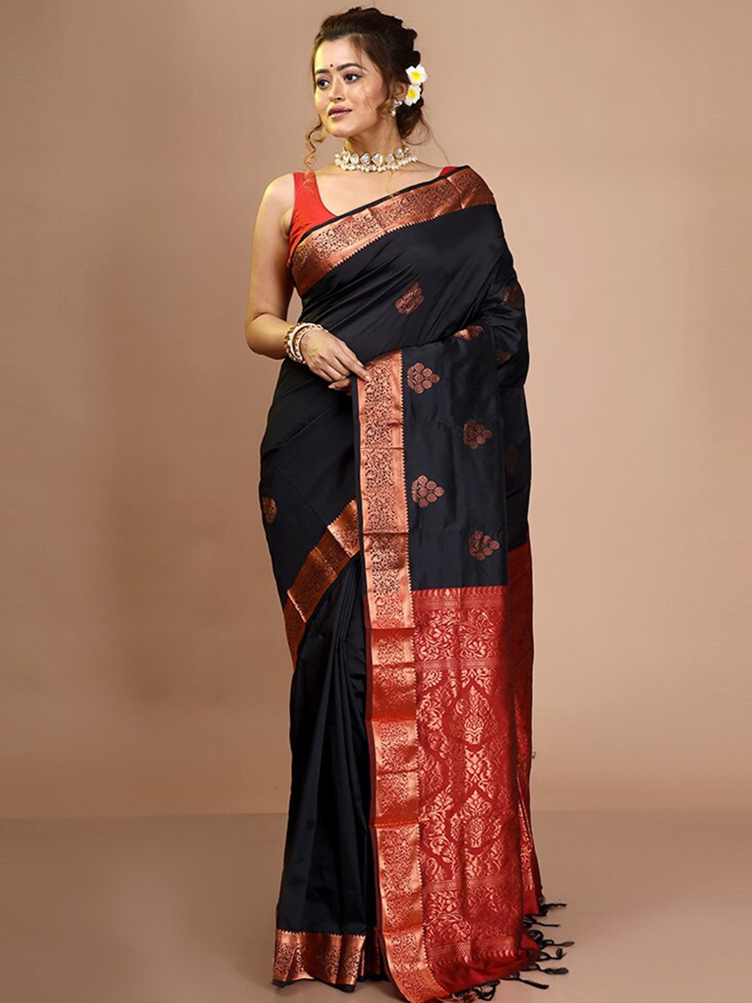 

AllSilks Ethnic Woven Design Zari Pure Silk Kanjeevaram Saree, Black