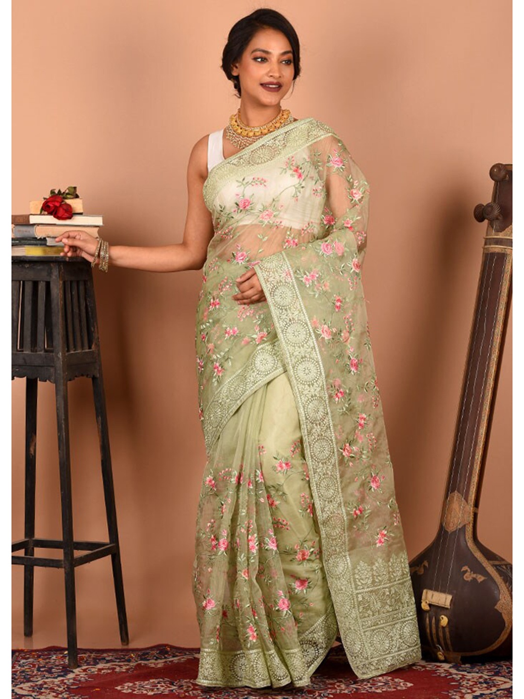 

AllSilks Floral Embroidered Saree, Green