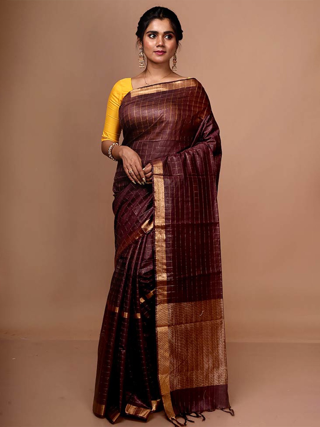 

AllSilks Checked Zari Pure Silk Tussar Saree, Maroon