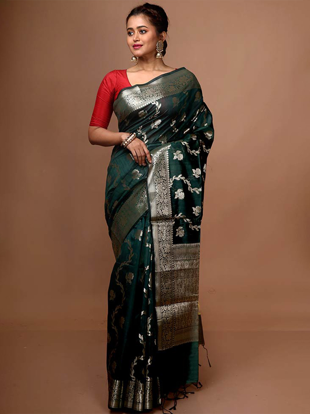 

AllSilks Floral Woven Design Zari Saree, Green