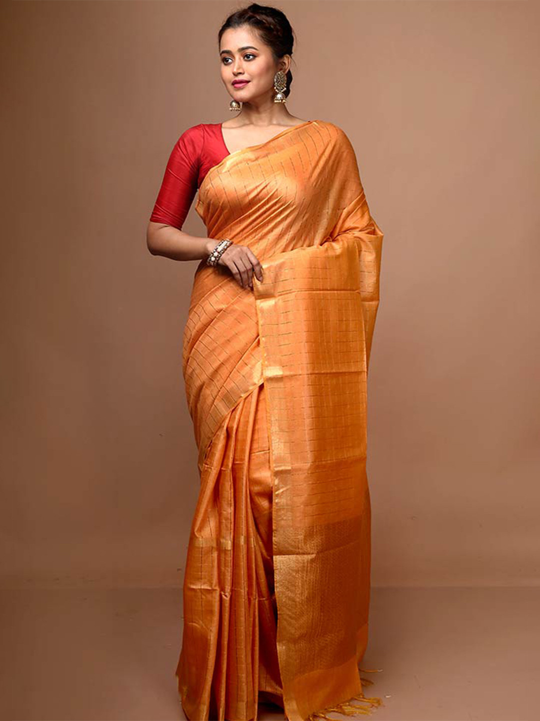 

AllSilks Checked Pure Silk Tussar Saree, Yellow
