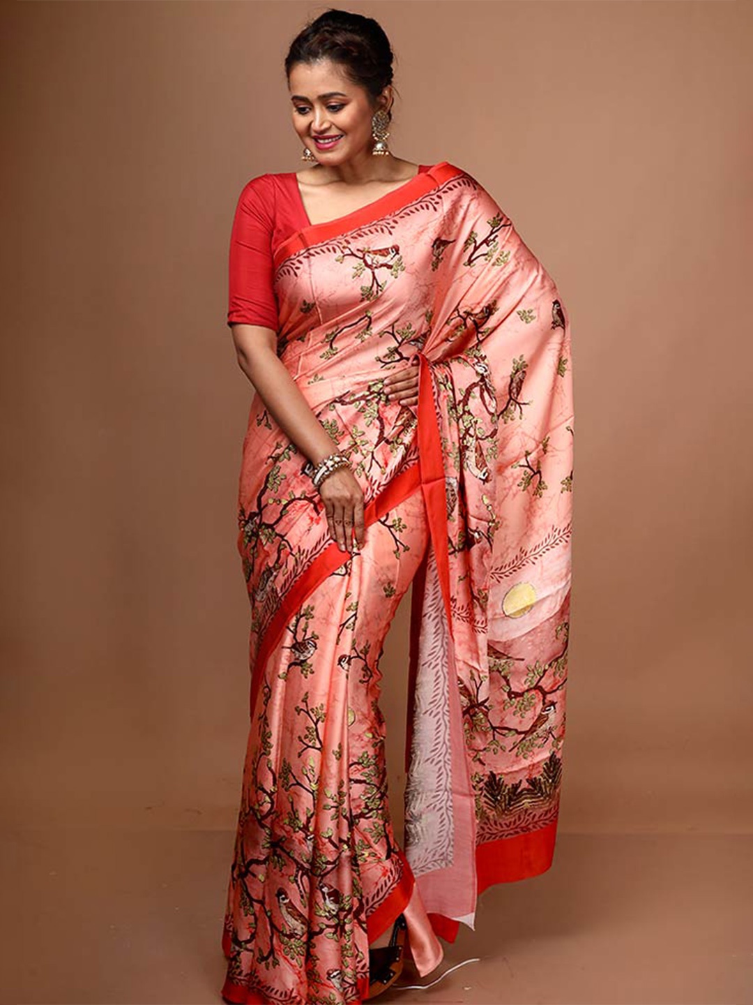 

AllSilks Floral Printed Pure Silk Mysore Silk Saree, Pink