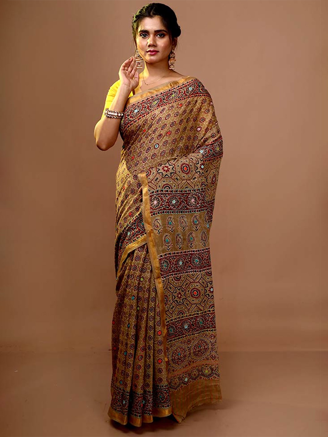 

AllSilks Ethnic Motifs Printed Embroidered Pure Cotton Saree, Cream