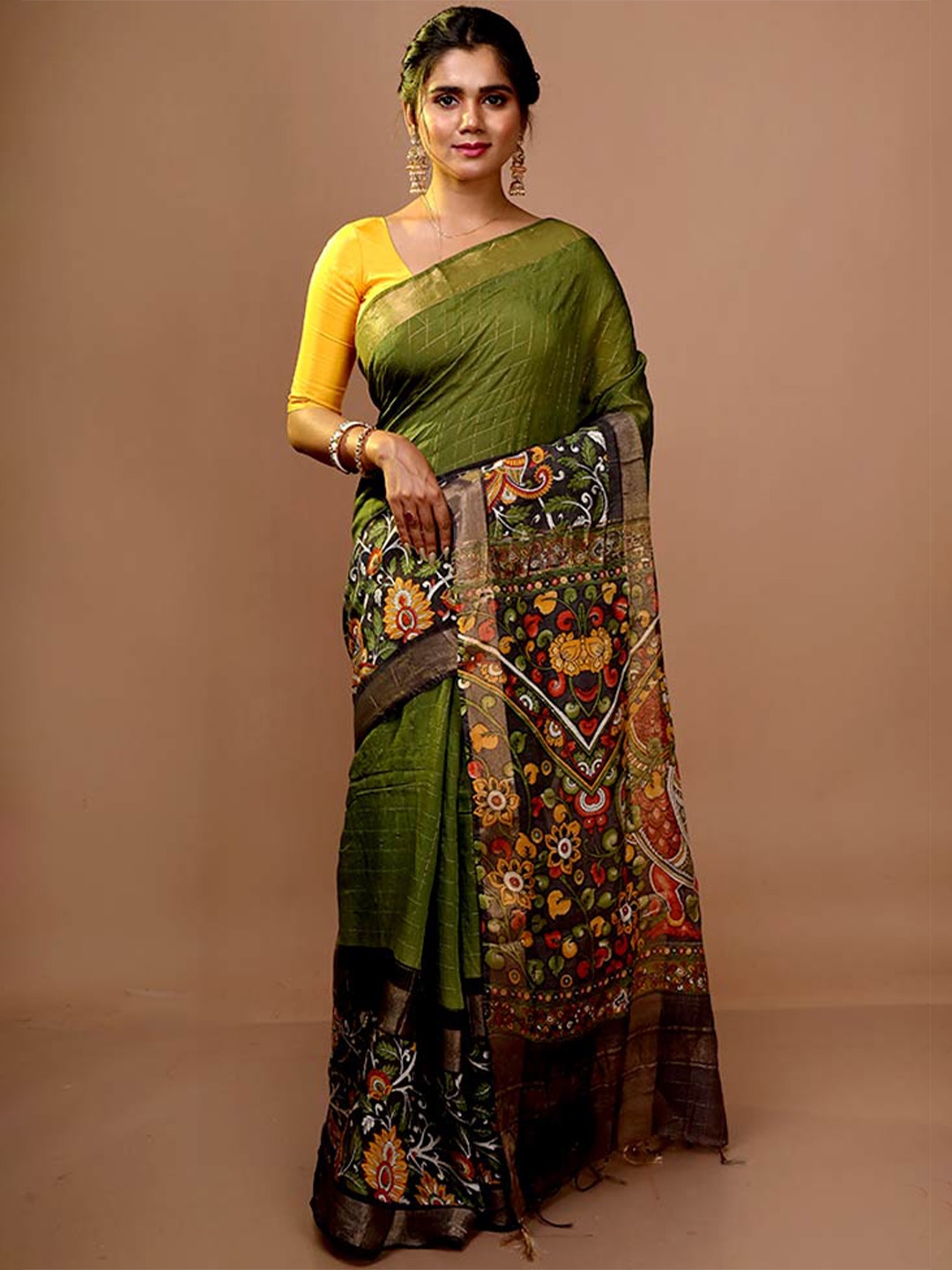 

AllSilks Checked Pure Silk Tussar Saree, Green